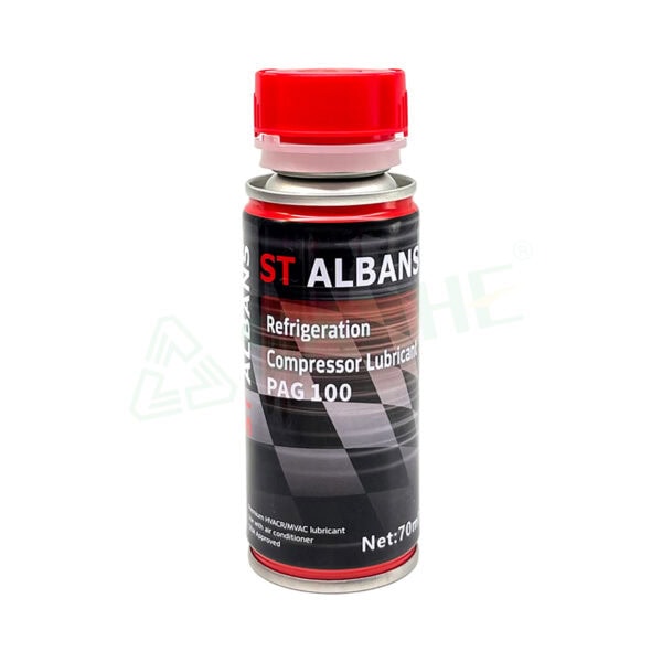 Refrigerant oil PAG 100 for HVAC compressors, lubrication, and refrigeration systems, with a red cap and black label.